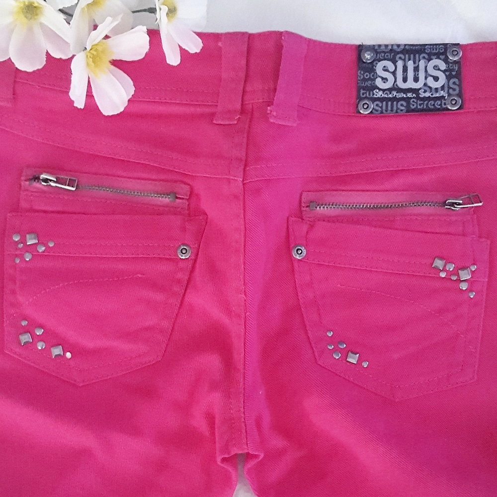 Y2K SWS Denim Pants| Pink Studded Jeans| Small Flare Legs